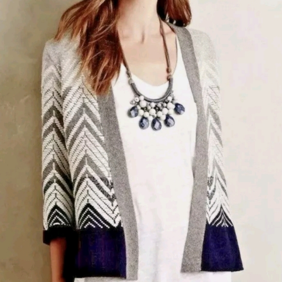 Anthropologie Moth Gray Ivory Blue Wool Blend Small Ivory Open Cardigan Sweater - Picture 4 of 6